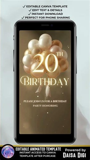 Gold Beige 20th Birthday Invitation Video | Elegant Canva Animated Invite