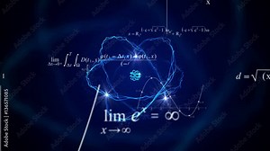 Flying math formulas looped animated abstract background. Atom model animation.