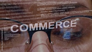 Commerce text on the background of female software developer. Eyes of woman with glasses are looking at programming network code space abstract technologies connecting global data network
