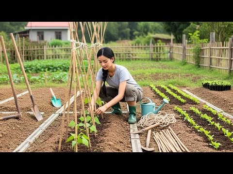 A Young Woman Builds a Front Yard Vegetable Garden and Bean Trellis by Herself | Off-Grid Farm