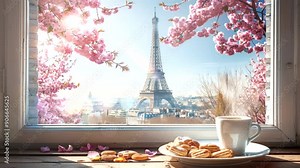 View of the Eiffel Tower through a window with a cup of coffee and pastries.