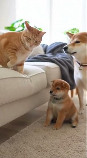 Shiba Puppy Nervous Around Cat... Then This Happens #dog #cat #friendship
