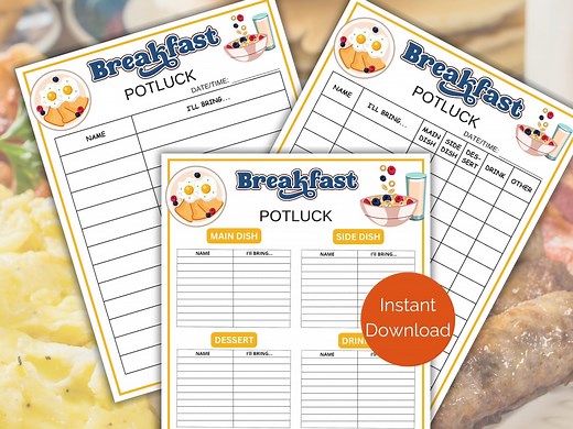 Breakfast Potluck Sign up Sheet, Printable Breakfast Potluck Sign up Form, Breakfast Food Sign up Sheet for Office, Church   More - Etsy