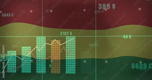 Financial data analysis animation over fluctuating bar and line graphs