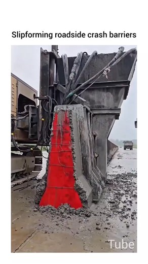 Engineering Tube on Instagram: "Slipforming roadside crash barriers is a great example of continuous construction where machine, materials and timing all have to be synchronised. Below is a clear, practical explanation of how kilometers of concrete safety barrier are made continuously with a slipform paver. Big-picture idea A slipform paver is a self-propelled machine that carries a shaped steel mold (the “slipform”) and extrudes a hardened-shaped concrete element (in this case a traffic/guard b
