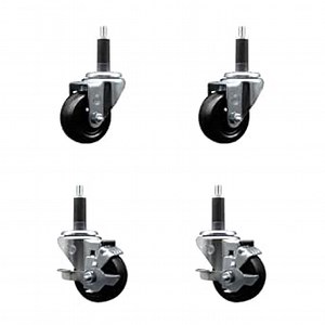 Hard Rubber Swivel Expanding Stem Caster Set of 4 w/3" x 1.25" Black Wheels and 1" Stems - Includes 2 with Top Locking Brake - 1100 lbs Total Capacity - Service Caster Brand