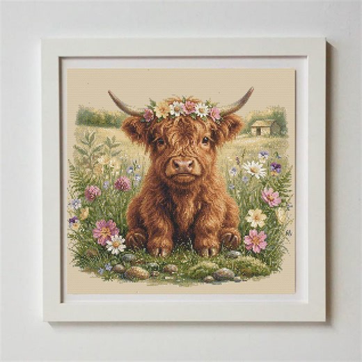 Highland Cow Cross Stitch Pattern, Rustic Farm Animal Embroidery Design (PDF) - Etsy
