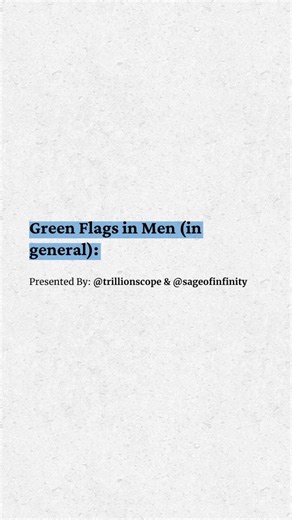 Business | Motivation | NFT on Instagram: "Green Flags in Men (Generally Speaking) ✅ These aren’t rules — just strong signals of emotional maturity, stability, and self-awareness: 1️⃣ Has a healthy relationship with his parents (especially his mom) 2️⃣ Has hobbies (reading, sports, music, hiking—something beyond screens) 3️⃣ Works out or plays a sport (discipline > aesthetics) 4️⃣ Knows how to cook—or is willing to learn 5️⃣ Dresses clean and presentable (self-respect shows) 6️⃣ Owns or cares fo