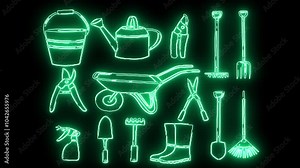 garden tools agricultural tools shovel broom rake wheelbarrow hoe bucket plant waterer scissors boots flat. with green light going around