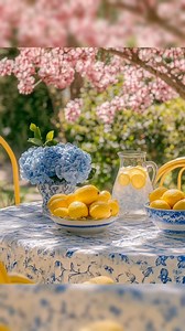 Sippin’ sunshine under the blossoms… fresh lemonade, blue hydrangeas, and that perfect spring breeze. Simple joys, right here. 🍋🌸☀️ | Good Morning Sunshine