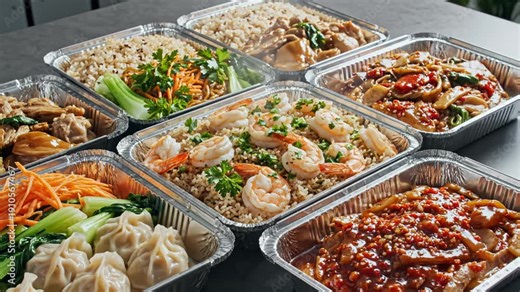 Assorted Chinese takeout meals in foil containers