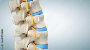 3D animation of a human lumbar spine demonstrating herniated disc, pressure nerve root causing back pain
