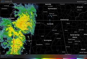 [3:32 PM] Radar Update - Showers & t-storms are gradually spreading eastward into NW AL, well ahead of a broken line back to the west (across northern MS). Cloud to ground lightning and wind gusts of 50-55 MPH will be possible with this activity. #HUNwx | US National Weather Service Huntsville Alabama