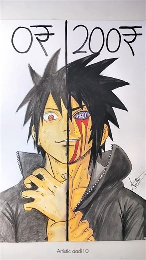 Sasuke Uchiha Drawing COMPLETE! 0₹ Carrot/Burnt Wood vs 200₹ Art Supplies 😱⚡#shorts