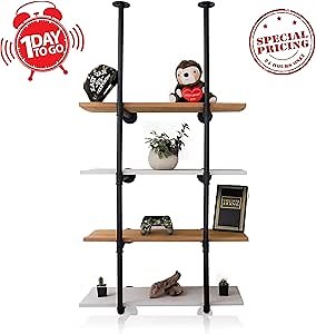 Industrial Pipe Shelving - Black Rustic Floating Wall Shelf - Mount Up to 4 Shelves - Vintage Farmhouse Decor for Kitchen, Bedrooms, Bathroom, Living Room Ladder Bookshelf - Wood Planks not Included