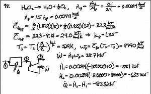 Hydrogen peroxide, H2 O2, enters a gas generator at 25^∘ C, 500 kPa, at the rate of 0.1 kg / s and is decomposed to steam and oxygen exiting at 800 K, 500 kPa . The resulting mixture is expanded through a turbine to atmospheric pressure, 100 kPa, as shown in Fig. P 14.98 . Determine the power output of the turbine and the heat transfer rate in the gas generator. The enthalpy of formation of liquid H2 O2 is -187583 kJ / kmol. | Numerade