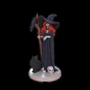 724 Red-Haired Witch with Cat and Raven - Full-Color 3D Model, magic, creature, sculpture, fantasy, wood, base, sword, warrior, wild, dragon, dnd, cat, monster, dog, godzilla, fair, totem, witch, werewolf