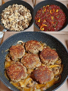 Bobby Flay’s Salisbury Steak with Mushroom Gravy Serves: 4 Prep Cook Time: ~40 minutes ￼ Ingredients For the steaks: • 1 lb ground chuck • 1 egg, lightly beaten • 2 tablespoons grated Parmesan cheese • 2 tablespoons breadcrumbs • 1 teaspoon garlic, crushed into a paste • Kosher salt & freshly ground black pepper • 2 tablespoons canola oil ￼ For the mushroom gravy: • 1 dozen cremini (button) mushrooms, stemmed and quartered • ½ white onion, thinly sliced • 1 tablespoon tomato paste • 1 teaspoon W