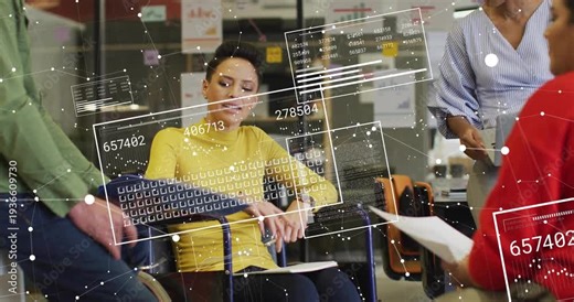 Seated woman in yellow top gesturing and reviewing sliding chart, HUD panels updating business data