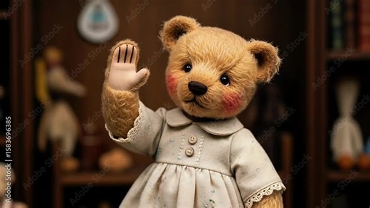Teddy Bear Waving: A charming teddy bear dressed in a cute dress waves hello. Capturing a sense of childhood, nostalgia, and innocent joy.