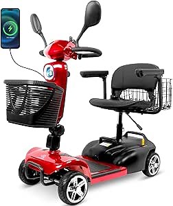 4 Wheel Mobility Scooters for Adults, Foldable Powered Mobility Scooter with Rearview Mirror,14 Miles Range, 5 Mph Long Range Power Extended Battery with Charger, Rear Basket and LED Light (Red-X-03)