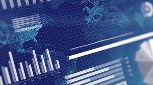 3D animation of graphs and charts over globe map background. Blue corporate abstract