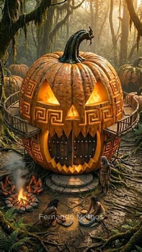 Primitive Humans Built a GIANT Halloween Pumpkin House! 🎃🔥 #shorts