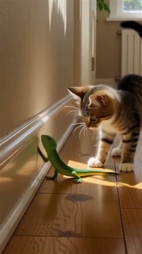 Brave Kitten vs Tiny Green Lizard 🦎🐱 | The Cutest Standoff Ever!#kitten #cute #animals