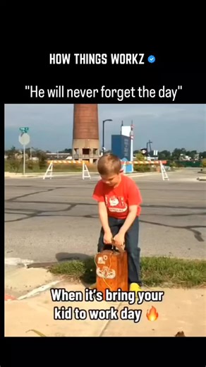 HOW THINGS WORKZ on Instagram: "The clip is a viral meme featuring a young boy named Parker at a demolition site during a “bring your kid to work day” moment. With guidance from adults in safety gear, Parker presses the detonator, triggering the controlled explosion of a tall brick chimney. The structure collapses in a massive cloud of dust as everyone cheers. A worker immediately scoops Parker into a celebratory hug. On-screen text repeatedly reads “When it’s bring your kid to work day” paired