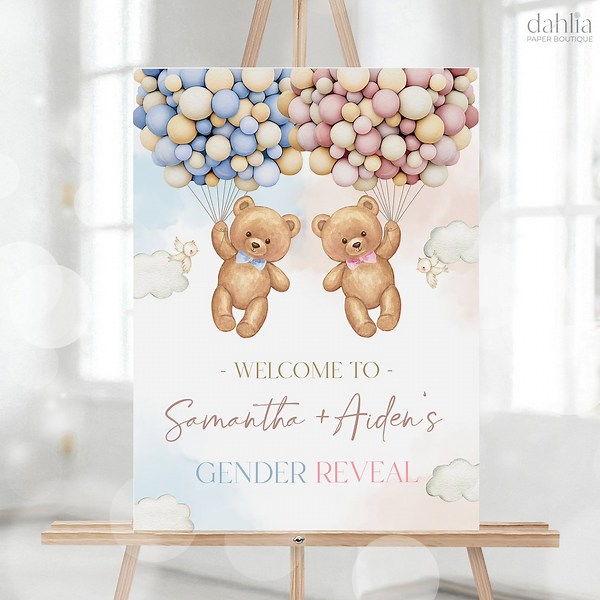 EDITABLE Teddy Bears Gender Reveal Welcome Sign, Baby Boy or Girl Party Decor Template, He or She, Boho Watercolor Bear With Balloons, GR025 - Etsy