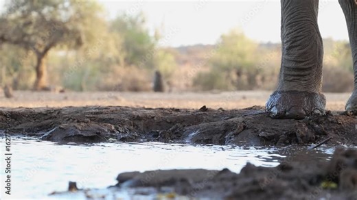 Medium shot of an African elephant's feet and trunk while standing at a waterhole drinking in front of an underground hide. Filmed from a low angle in Mashatu Game Reserve, Botswana.