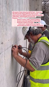 Ultrasonic Pulse Velocity (UPV) Test – Concrete The Ultrasonic Pulse Velocity test is a non-destructive test (NDT) used to check the quality, uniformity, and integrity of concrete. ⸻ Purpose • Detect cracks, voids, honeycombing • Assess concrete quality & uniformity • Estimate relative strength (not exact compressive strength) • Check deterioration in existing structures #ultrasonicvelocitytest #concrete #construction | CivilEngineer