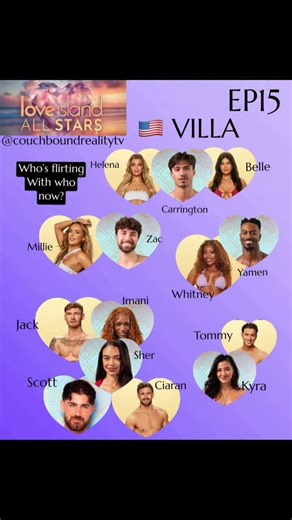 Couchboundtealitytv on Instagram: "The Americans have entered the All Stars Villa! On tonight’s Love Island All Stars Belle, Helena, Scott, Whitney, Cieran, Jack and Millie were pulled into the Love Island USA Villa! Waiting there for them were Carrington, Sher, Imani,Yemen and Kyra. There was no time to waste people were pulled for chats right away and connections were immediatley made after ALL the Islanders said they were in open relationships. To be fair Cieran said it would take a lot to pu
