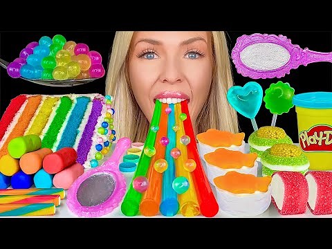 ASMR RAINBOW FOODS MUKBANG, EDIBLE PLAYDOH, LAYERED CAKE, LYCHEE BOBA TEA CITRIC ACID SUSHI CANDY 먹방