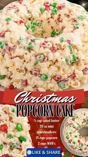 Christmas Popcorn Cake! 🎄🍿🎂 It’s a fun and colorful holiday treat that combines the sweet crunch of popcorn with gooey marshmallow and cheerful candies—all shaped into a cake-like mound. Perfect for holiday parties, gift tables, or cozy family gatherings filled with laughter and joy! 🎉✨ Christmas Popcorn Cake Ingredients 10 cups popped popcorn (about 1/2 cup unpopped kernels) 1 (10 oz) bag mini marshmallows 4 tablespoons unsalted butter 1 teaspoon vanilla extract 1 cup holiday-themed candies