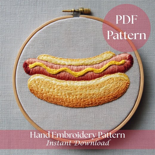 Hot Dog Hand Embroidery Pattern | BBQ Mustard Food Needlework (PDF Download) - Etsy