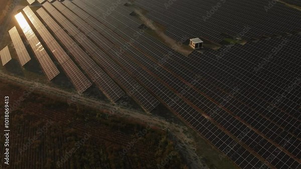 Aerial View of a Solar Power Plant, Large Solar Farm collecting alternative clean energy