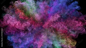 Color particles powder explosion animation in super slow motion on a transparent alpha channel.