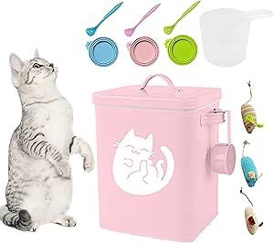 Dog and Cat Food Storage Container,Pet Food Bin,Metal Pet Food Container,Cat Food Bin with Measuring Cup, Cat Food Can Covers Lids and Spoons, Cat Mouse Toys (Pink)