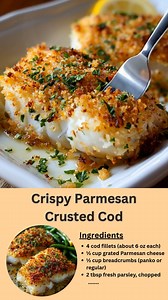 Looking for a crispy, golden, and flavorful seafood dinner that’s ready in under 30 minutes? This Crispy Parmesan Crusted Cod is the perfect oven-baked weeknight meal—light, healthy, and irresistibly delicious! Ingredients: 4 cod fillets (about 6 oz each) ½ cup grated Parmesan cheese ½ cup breadcrumbs (panko or regular) 2 tbsp fresh parsley, chopped 2 tbsp olive oil (plus extra for greasing) 1 tbsp lemon juice 1 tsp garlic powder ½ tsp paprika Salt & black pepper, to taste Lemon wedges (for serv