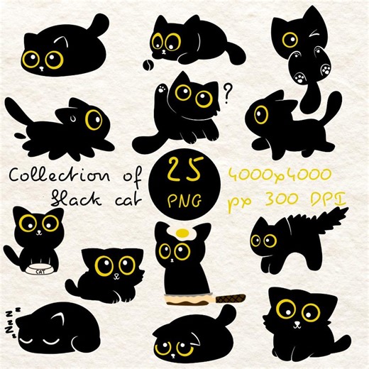 Black Cat Clipart Bundle | 25 PNG Kitten Stickers, Yellow Eyes (instant Download) - Etsy