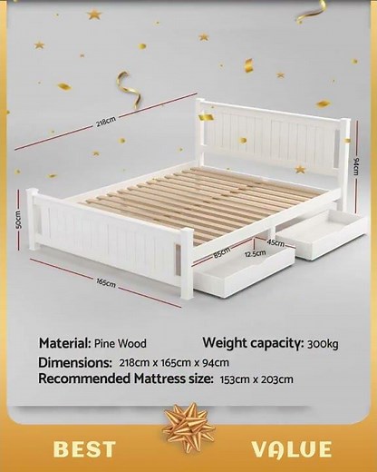 Artiss Bed Frame Queen Size Wooden Platform with 2 Storage Drawers White RIO