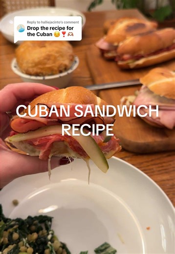 Replying to @halliejacinto Ingredients \t•\t1 long Cuban bread loaf (or soft French bread) \t•\t4–6 oz ham (deli-sliced) \t•\t3–4 oz salami (Genoa or hard salami) \t•\t4–6 oz roast pork (optional but traditional — can sub extra ham if skipping) \t•\t4 slices Swiss cheese (I like pepper jack) \t•\tYellow mustard \t•\tDill pickle slices \t•\t(optional, I add mayo): Softened butter or mayo