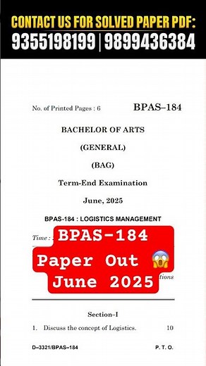 BPAS 184 Solved Question Paper June 2025 | BPAS 184 Important Questions | Logistics Management Paper