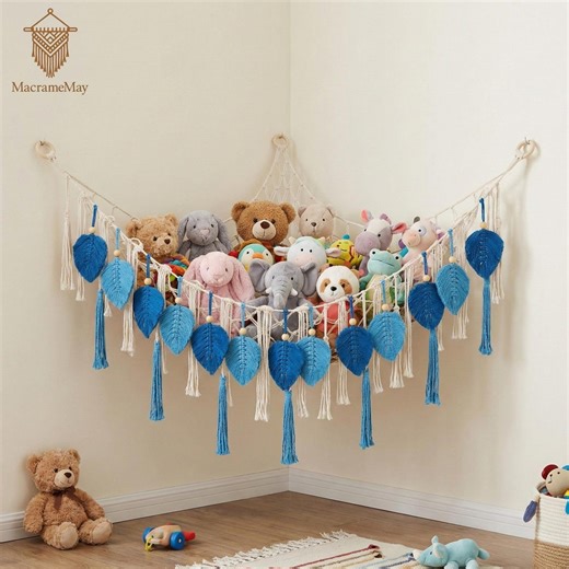 Handmade Macrame Toy Hammock With Leaf Decor, Boho Nursery Storage - Etsy