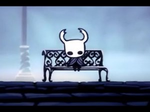 The Knight from Hollow Knight sitting on a bench with The Caretaker playing in the background