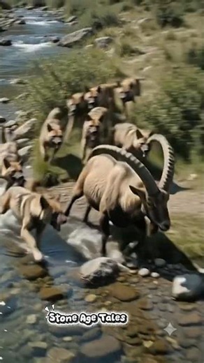 Giant Mountain Goat Escapes a Pack of Wild Dogs | Stone Age Hunter Witnesses the Chase #stoneage