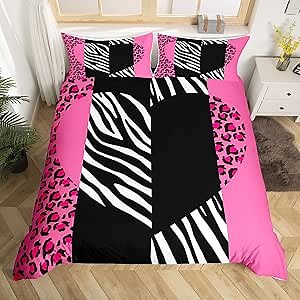 Manfei Kids Leopard Duvet Cover Set Queen Size, Love Heart Comforter Cover with 2 Pillowcases, Black White Pink Leopard Zebra Print Bedding Set 3pcs for Boys Girls, Animal Quilt Cover,No Comforter