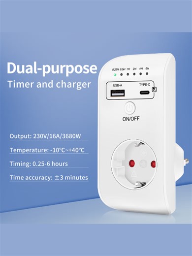 New Arrivals Smart Timer Socket Digital Timer Switch EU Plug Timing Controller Timer with USB Charger VA102EU Product model:UD03 Electric current:16A/3680W Working current:
