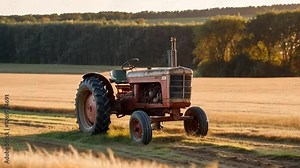 A vintage tractor in a field under the golden hour light, surrounded by grass. Rustic and nostalgic, celebrating old farm machinery.
